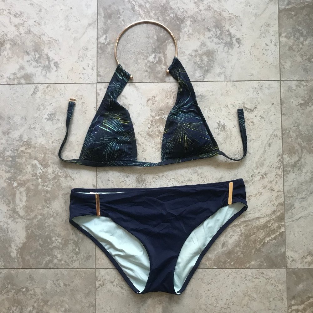Victoria Secret Gold & Navy Halter Bikini Size L